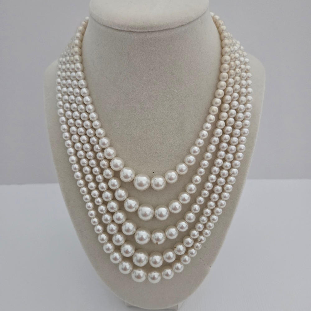 Necklace Cream Multi-Strand Graduated Faux Pearl Statement
